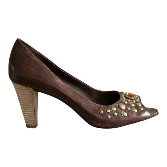 Franco Sarto Fanatic Heels Brown Studded Leather Peep Toe Stacked Heel Size 10M - Picture 2 of 14